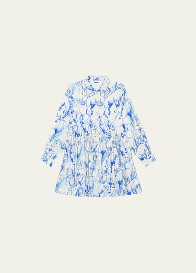 Molo Kids' Girl's Christy Horse-print Shirtdress In Blue Horses