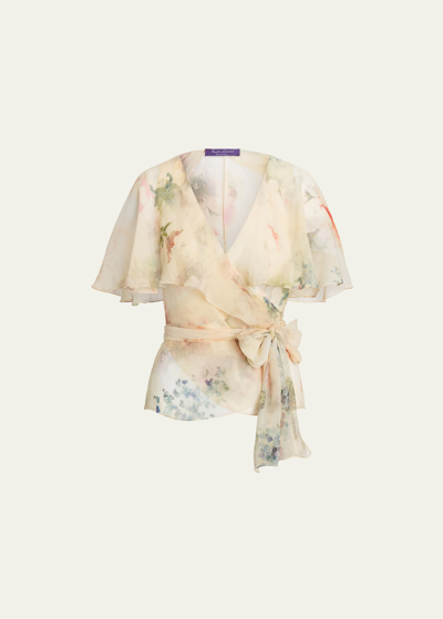 Ralph Lauren Amilea Floral Watercolor Flutter-sleeve Silk Wrap Top In Butter