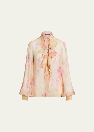 Ralph Lauren Dylon Floral Watercolor Ruffle-bib Organza Collared Shirt In Neutral