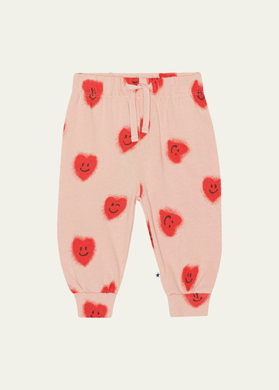 Molo Kids' Girl's Simeon Heart-print Sweatpants In Red Hearts