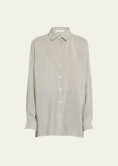 The Row Sisilia Classic Button Up Silk Shirt In Grey Stripe