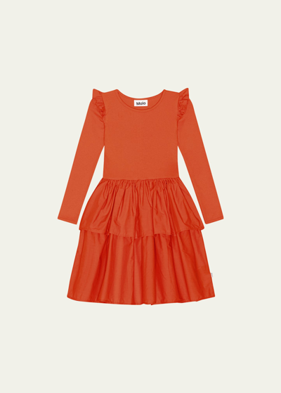 Molo Kids' Cathi Tiered Cotton-blend Dress In Red Clay