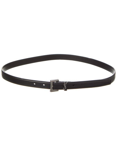 Saint Laurent Cassandre Thin Leather Belt In Black