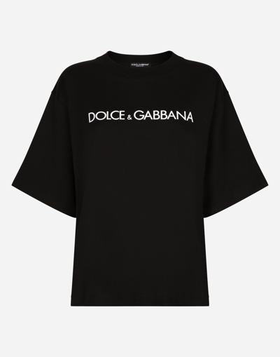 Dolce & Gabbana Black Oversized T-shirt With Logo Lettering Print In Cotton Woman