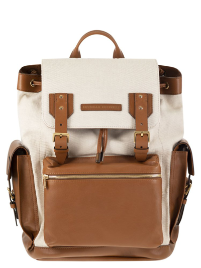 Brunello Cucinelli City Backpack In Leather And Fabric In Multi