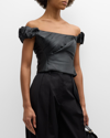 LOVESHACKFANCY ILEANA OFF-THE-SHOULDER PUFF-SLEEVE SATIN CROP TOP