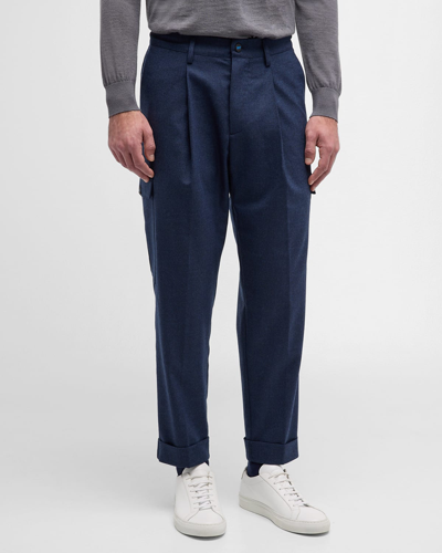 Knt Men's Pleated Stretch Cargo Trousers In Navy