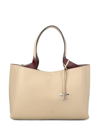 Tod's T Timeless Logo Plaque Medium Tote Bag In Beige