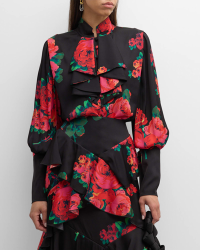 Libertine Seville Rose-print Bishop-sleeve Ruffle-bib Blouse In Black Multi