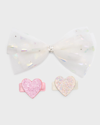Bari Lynn Girl's 3-piece Multi-layer Embellished Bow And Heart Clips Set In White