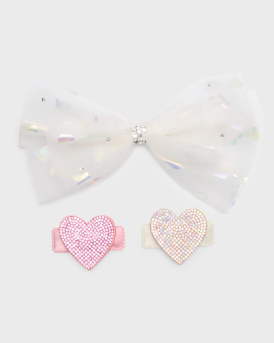 Bari Lynn Kids' Girl's 3-piece Multi-layer Embellished Bow And Heart Clips Set In White