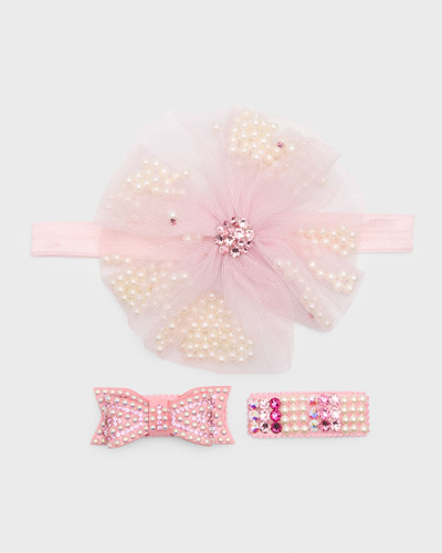 Bari Lynn Kids' Girl's 3-piece Embellished Tulle Headband And Clip Set In Light Pink