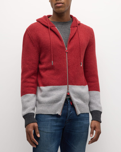 Kiton Men's Cashmere Color Block Full-zip Hooded Sweater In Red