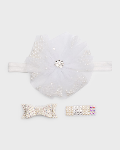 Bari Lynn Kids' Girl's 3-piece Tulle Layer Bow Headband And Hair Clips Set In White