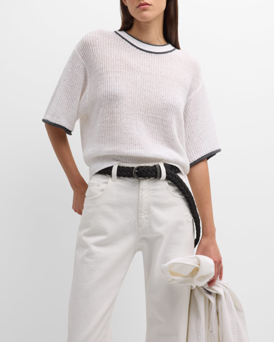 Brunello Cucinelli Contrast Varsity Stripe Short-sleeve Linen Paillette Knit Sweater In C159 White