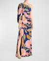 THEIA ABBY DRAPED FLORAL-PRINT ONE-SHOULDER GOWN