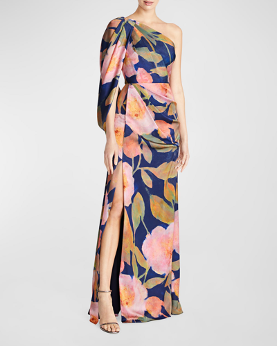 Theia Abby Draped Floral-print One-shoulder Gown In Nocturnal Peonies