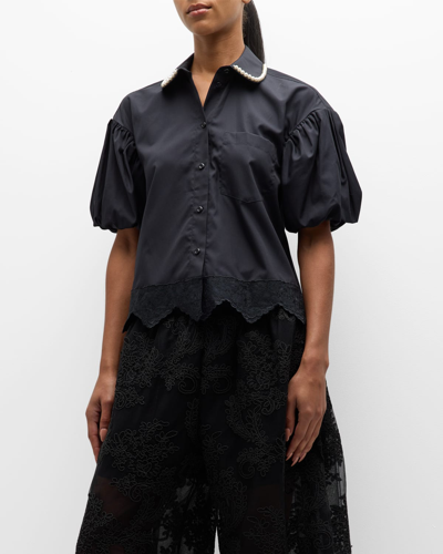 Simone Rocha Cropped Puff Sleeve Shirt With Embroidered Trim In Blackblackpearl