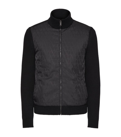 Valentino Wool Knit Jacket With Toile Iconographe Nylon Jacquard Front Panel In Black