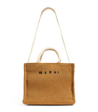 Marni Embroidered-logo Woven-raffia Tote Bag In Brown