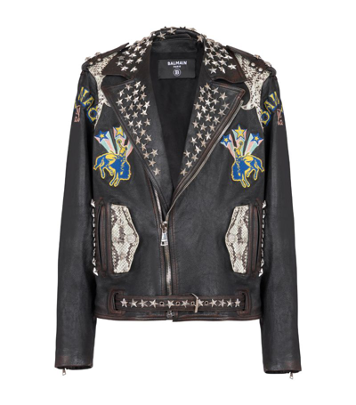 Balmain Logo-embroidered Leather Jacket In Black