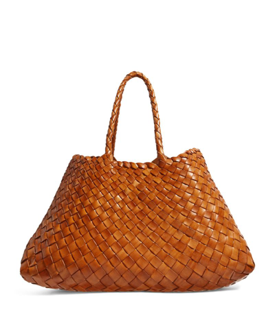 Dragon Diffusion Small Leather Woven Santa Croce Tote Bag In Brown