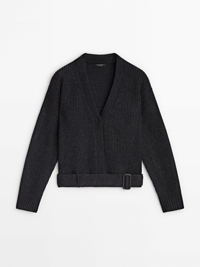 Massimo Dutti Wool Blend Knit Cardigan With Belt Detail In Anthracite Grey