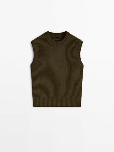 Massimo Dutti Wool Blend Purl Knit Vest In Khaki