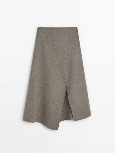 Massimo Dutti Wool-blend Double-faced Midi Skirt With Slit In Taupe Grey