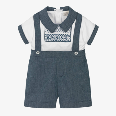 Pretty Originals Babies' Boys Navy Blue Smocked Shorts Set