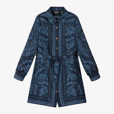 Versace Kids' Barocco真丝斜纹连衣裙 In Denim