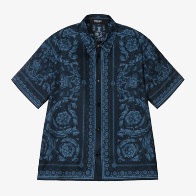 Versace Kids' Boys Navy Blue Silk Barocco Shirt