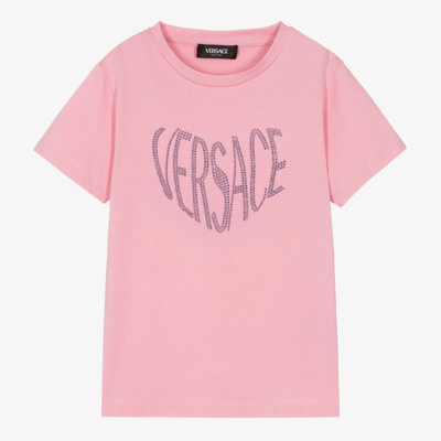 Versace Kids' Rhinestone Embellished V-logo Cotton-jersey T-shirt 8-14 Years In Pink