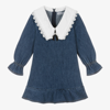 Self-portrait Girls Blue Denim & Lace Collar Dress In Blue