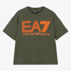 EA7 EA7 EMPORIO ARMANI TEEN BOYS KHAKI GREEN COTTON T-SHIRT