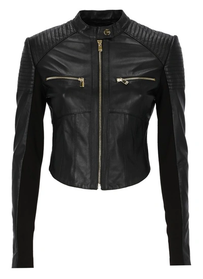 Pinko Leather Cropped Jacket In Noir Limousine