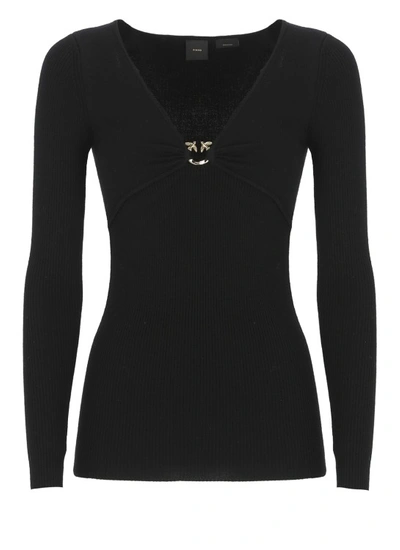 Pinko Love Birds Ribbed-knit Top In Black