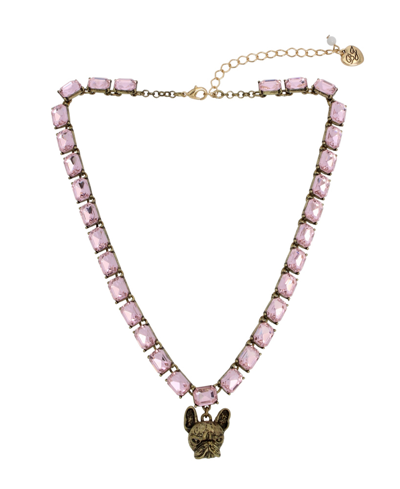 Betsey Johnson Faux Stone Frenchie Pendant Tennis Necklace In Pink,gold