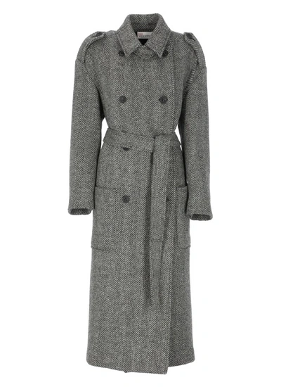 Red Valentino Belted Wool Herringbone Long Coat In Grey