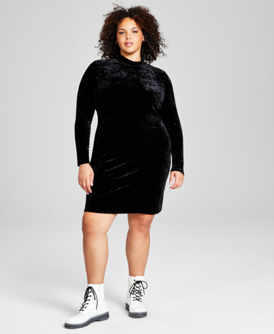 And Now This Plus Size Mock-neck Crushed-velvet Dress In Black