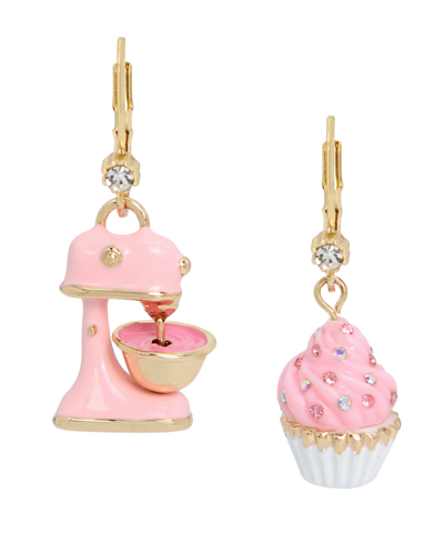 Betsey Johnson Faux Stone Cupcake Mismatch Drop Earrings In Pink,gold