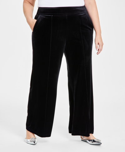 Inc International Concepts Plus Size High-rise Wide-leg Velvet Pants, Created For Macy's In Deep Black