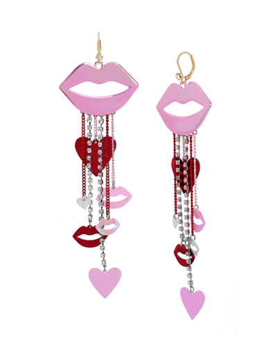 Betsey Johnson Faux Stone Lips Chandelier Earrings In Pink,gold