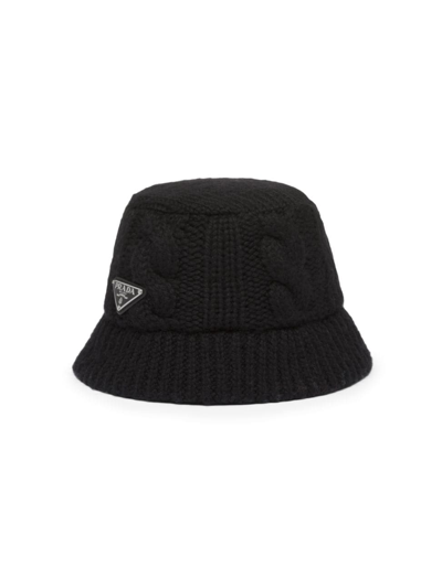 Prada Logo-plaque Cable-knit Bucket Hat In Black