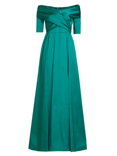 Teri Jon By Rickie Freeman Women's Satin Off-the-shoulder A-line Gown In Turquoise