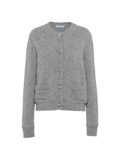 Prada Crystal-button Cashmere Cardigan In F0031 Grigio