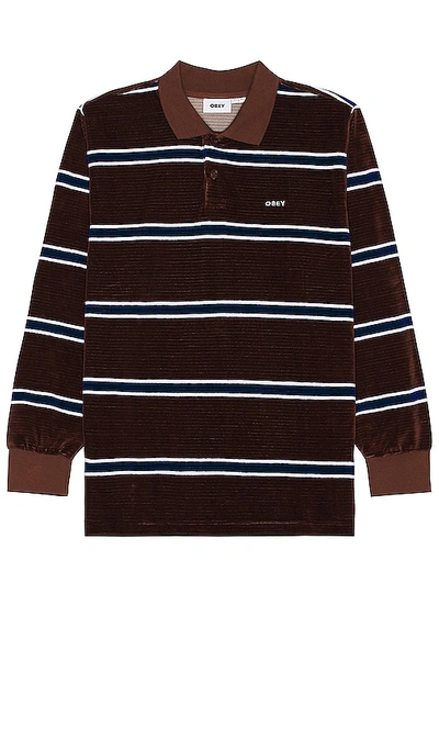 Obey Horizontal Stripe Velvet Polo In Brown