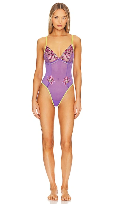 Hanky Panky Applique Thong Teddy In Purple / Elextric Yellow