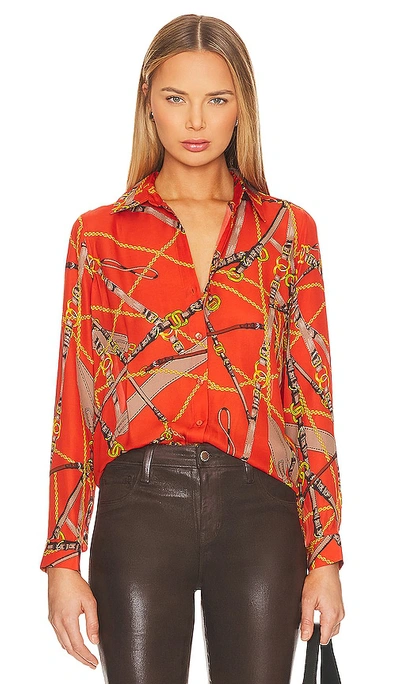L Agence Nina Print Silk Shirt In Red Clay Multi Straight Belt