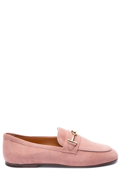 Tod's Logo Plaque Almond Toe Loafers In Pink
